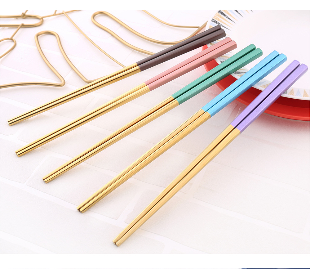 Exclusive for Cross-Border 304 Stainless Steel Full Taper Chopsticks Gold-Plated Hollow Non-Slip Square Chopsticks 23cm Gold-Plated Chopsticks