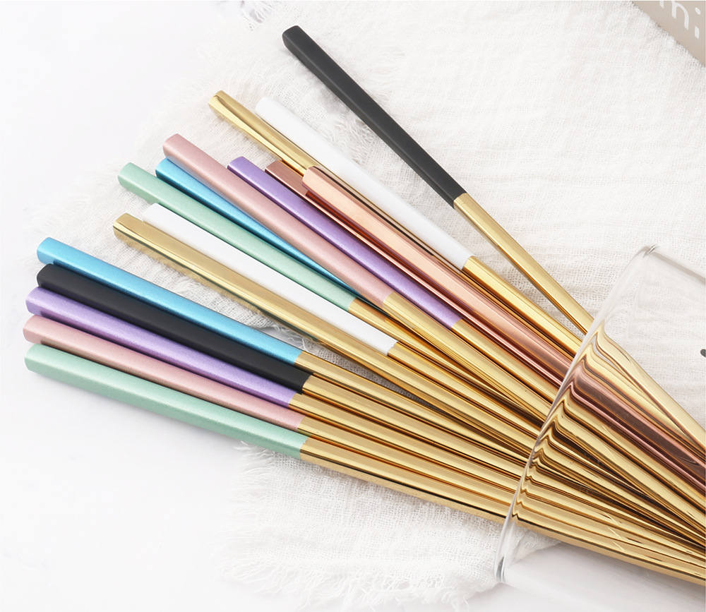 Exclusive for Cross-Border 304 Stainless Steel Full Taper Chopsticks Gold-Plated Hollow Non-Slip Square Chopsticks 23cm Gold-Plated Chopsticks