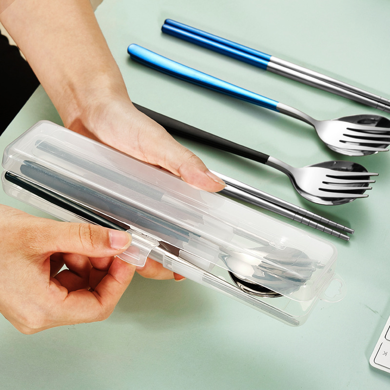 304 Stainless Steel Tableware Set Korean-Style Long Handle Portable Fork Spoon Chopsticks Three-Piece Set Work Tableware Customization