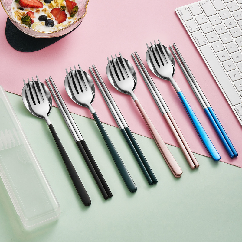 304 Stainless Steel Tableware Set Korean-Style Long Handle Portable Fork Spoon Chopsticks Three-Piece Set Work Tableware Customization