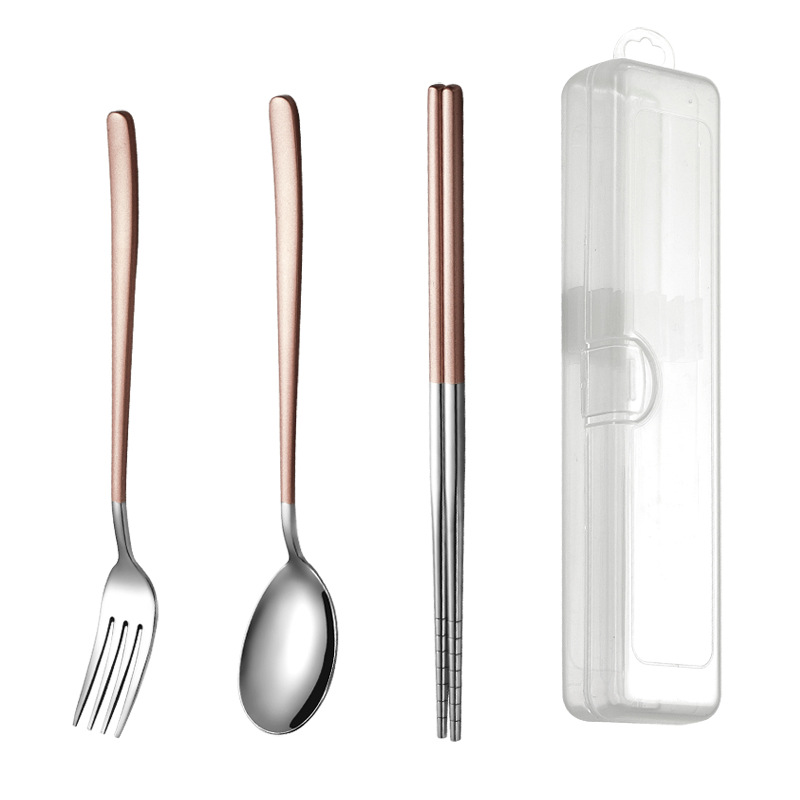 304 Stainless Steel Tableware Set Korean-Style Long Handle Portable Fork Spoon Chopsticks Three-Piece Set Work Tableware Customization
