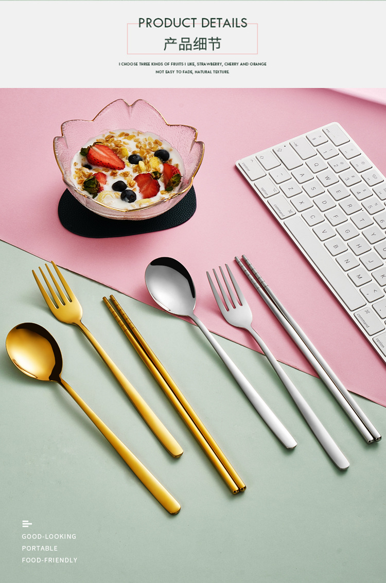 304 Stainless Steel Tableware Set Korean-Style Long Handle Portable Fork Spoon Chopsticks Three-Piece Set Work Tableware Customization