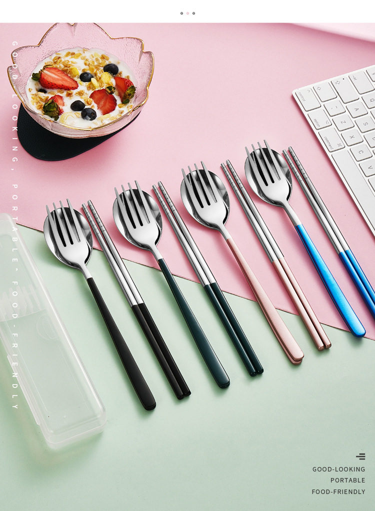 304 Stainless Steel Tableware Set Korean-Style Long Handle Portable Fork Spoon Chopsticks Three-Piece Set Work Tableware Customization