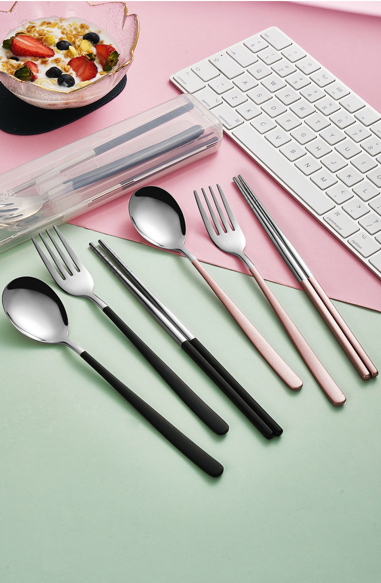 304 Stainless Steel Tableware Set Korean-Style Long Handle Portable Fork Spoon Chopsticks Three-Piece Set Work Tableware Customization