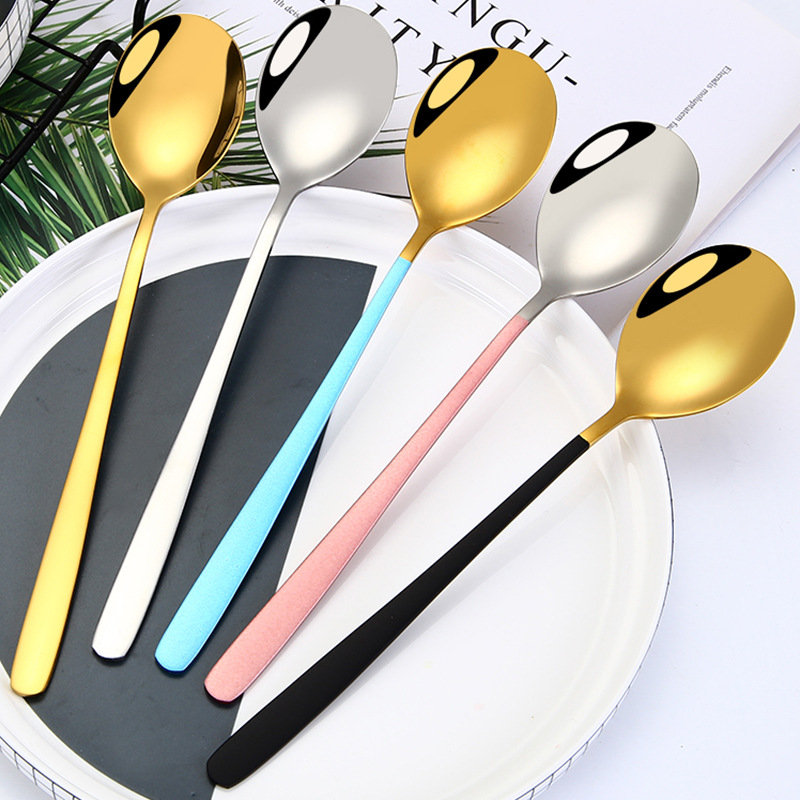 Thickened Titanium-Plated Korean Style Long Spoon 304 Stainless Steel Soup Ladle Hotel Supermarket Spoon Soup Spoon Factory Direct Supply