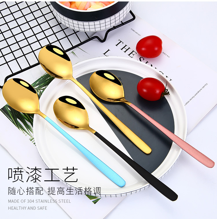 Thickened Titanium-Plated Korean Style Long Spoon 304 Stainless Steel Soup Ladle Hotel Supermarket Spoon Soup Spoon Factory Direct Supply
