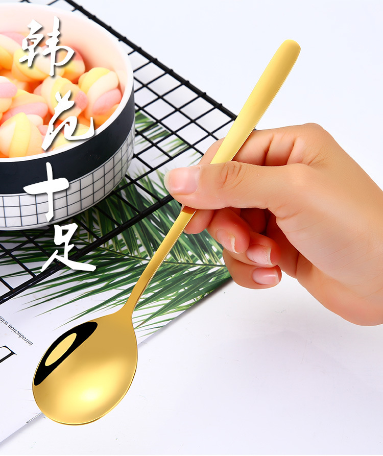 Thickened Titanium-Plated Korean Style Long Spoon 304 Stainless Steel Soup Ladle Hotel Supermarket Spoon Soup Spoon Factory Direct Supply