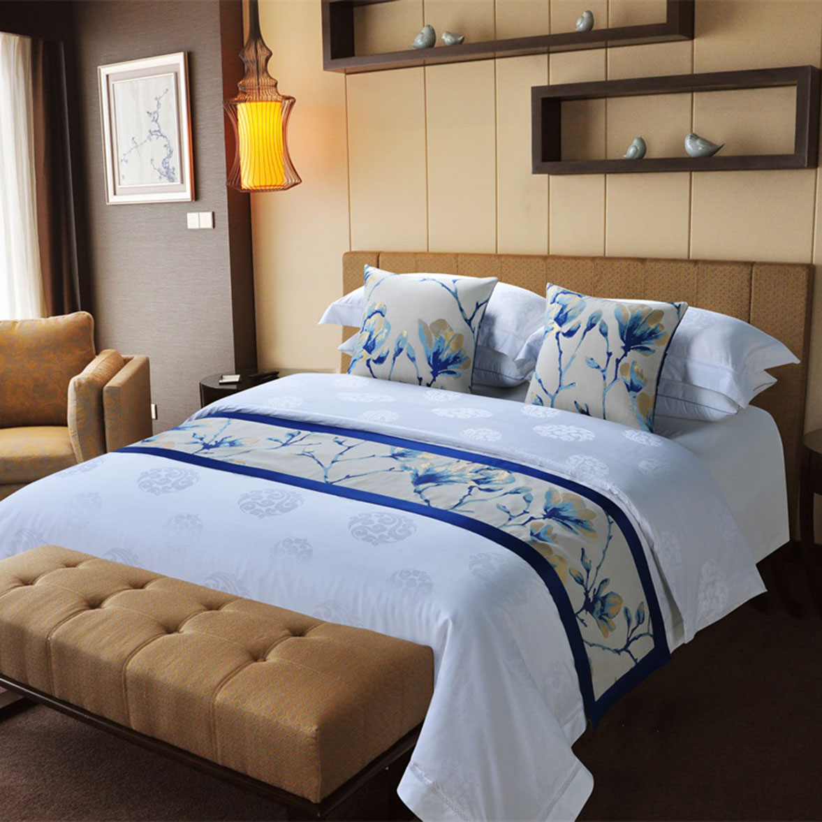 Polyester hotel bed runner hotel bed flag bed skirt cushion pillow