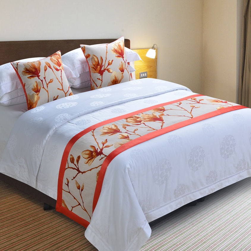 Polyester hotel bed runner hotel bed flag bed skirt cushion pillow