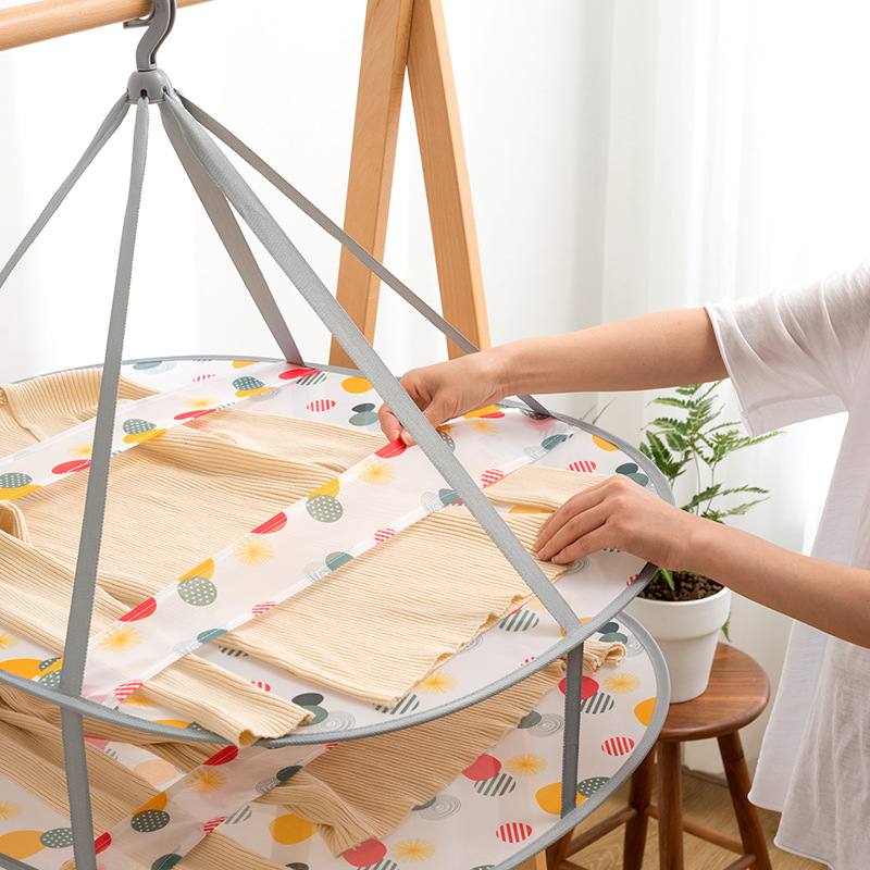 H786 Folding Clothes Basket Hang the Clothes Artifact Tile Drying Net Double Layer Drying Clothes Net Sweater Laundry Basket Net Pocket