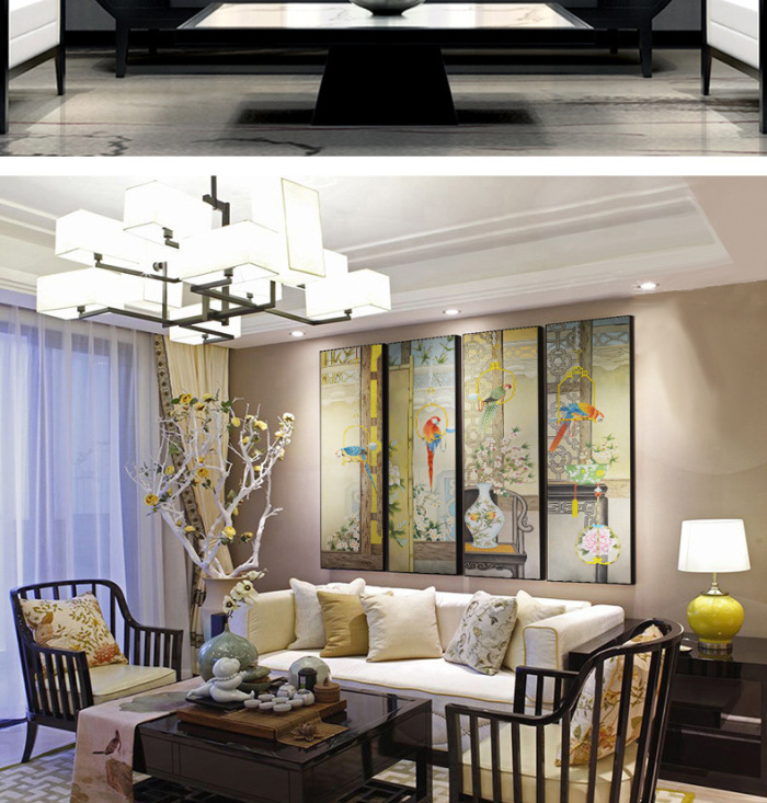 The new Chinese style sofa background wall four couplet hang a picture of The traditional Chinese painting of The living room in The living room ofa picture of The frame decoration.