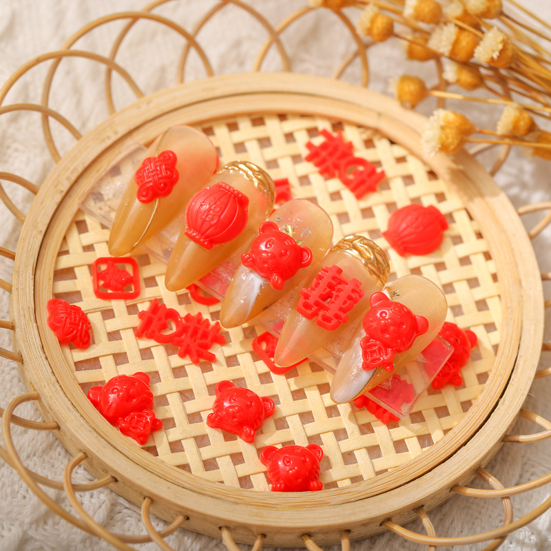 New Year Manicure Tiger Chinese Red Year of the Tiger Festive Lantern Chinese Knot Ping An Fu Character Resin Small Size Nail Jewelry