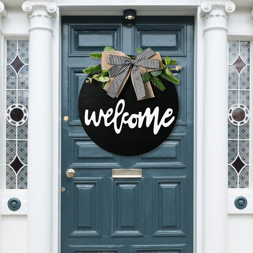 New American Country Wooden Welcome Doorplate Sunflower Bow Decoration Garland Door Decoration Welcome