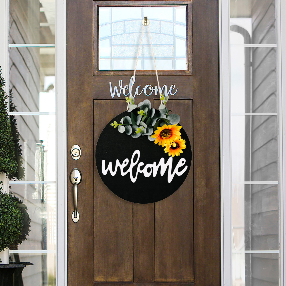 New American Country Wooden Welcome Doorplate Sunflower Bow Decoration Garland Door Decoration Welcome