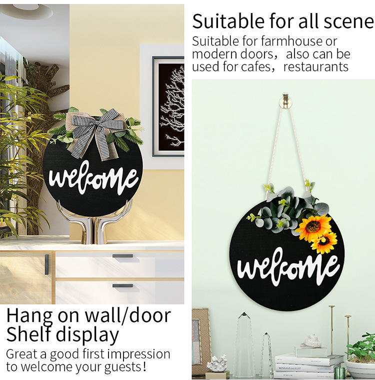 New American Country Wooden Welcome Doorplate Sunflower Bow Decoration Garland Door Decoration Welcome