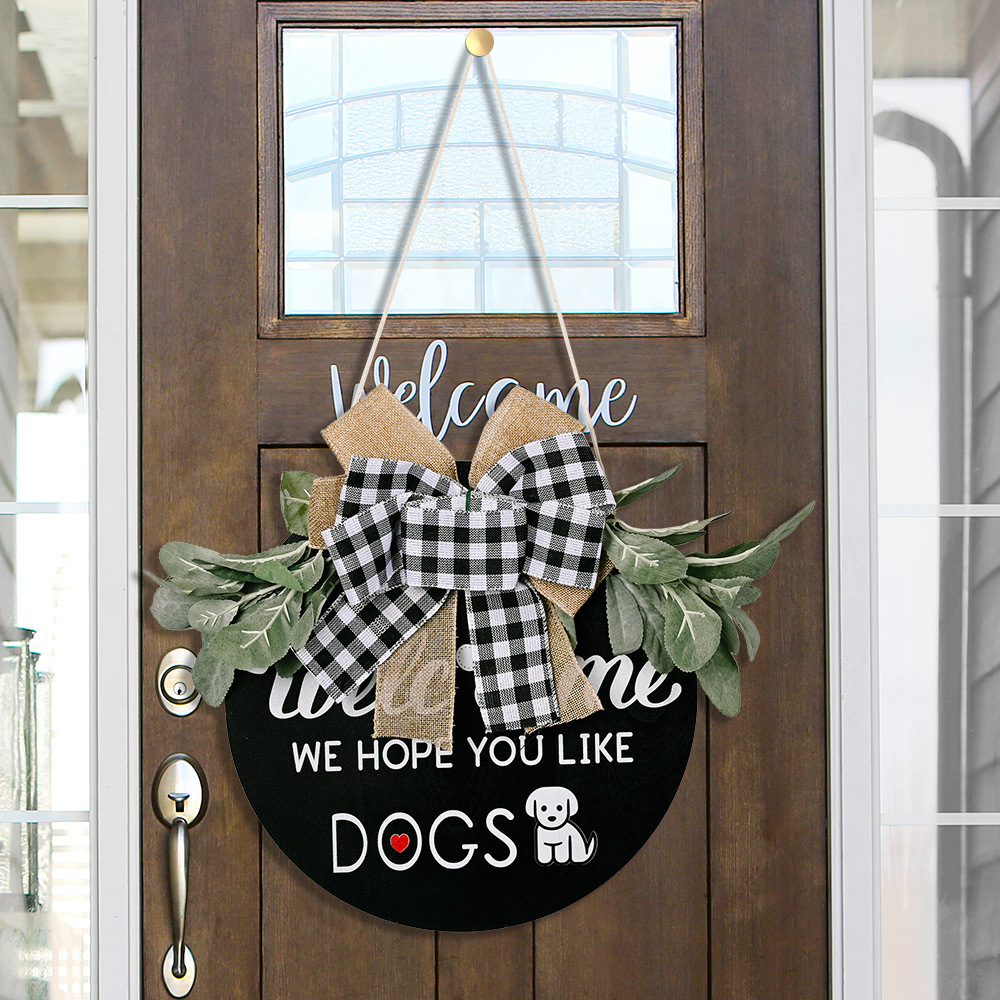 New American Country Wooden Doorplate Plaid Bow Home Wall Decoration Garland Door Decoration DogCAT