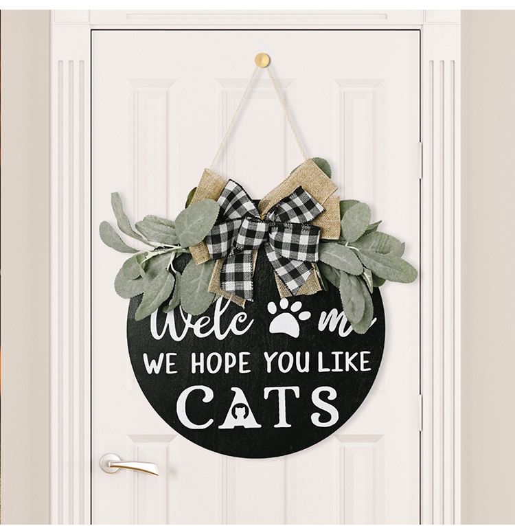 New American Country Wooden Doorplate Plaid Bow Home Wall Decoration Garland Door Decoration DogCAT New American Country Wooden Doorplate Plaid Bow Home Wall Decoration Garland Door Decoration DogCAT
