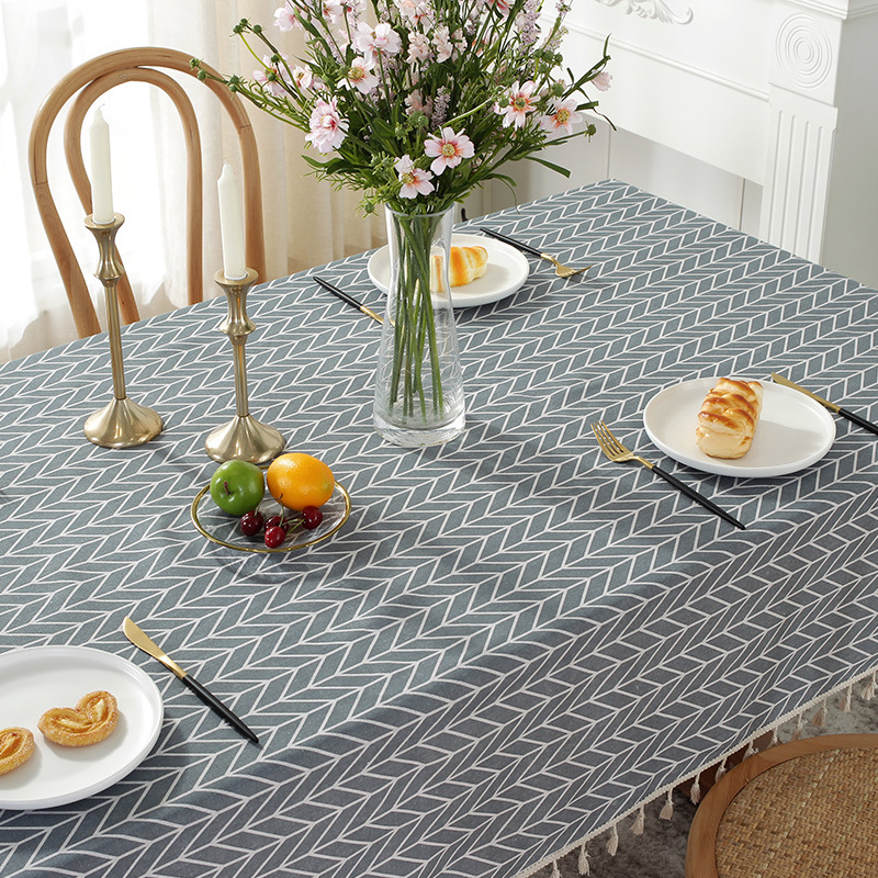 Washable and easy care cotton linen rectangular tablecloth tassel printing tablecloth
