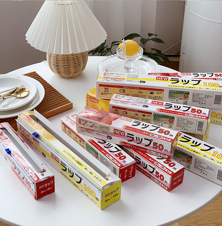 Plastic Wrap Slip Knife Type with Cutter Household Large Roll PE Food Kitchen Refrigerator Vegetables and Fruits High Temperature Freshness Protection Package