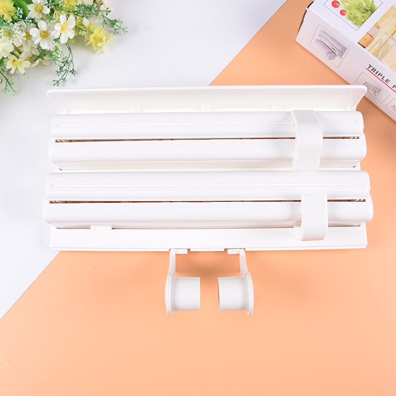 Factory Supply Kitchen Towel Rack Plastic Wrap Rack Cutter Tin Bo Rack Roll Paper Three-Level Stand Multi-Purpose Storage Rack