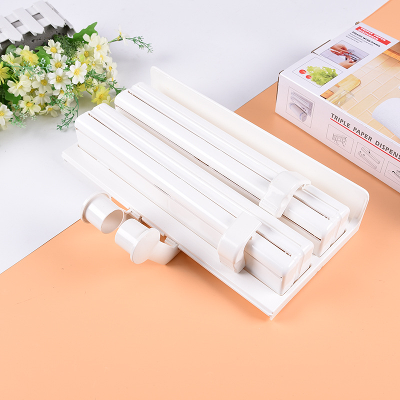Factory Supply Kitchen Towel Rack Plastic Wrap Rack Cutter Tin Bo Rack Roll Paper Three-Level Stand Multi-Purpose Storage Rack