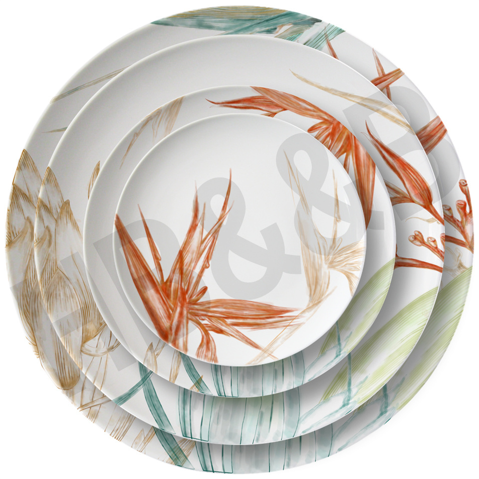 Foreign Trade New Product Bone Porcelain Plate Chinese Hand Painted Colorful Lotus Tableware Hotel Western Food/Steak Dish Creative Home Decorative Tray