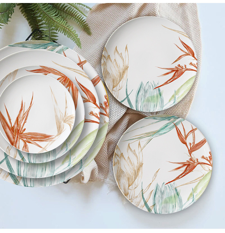 Foreign Trade New Product Bone Porcelain Plate Chinese Hand Painted Colorful Lotus Tableware Hotel Western Food/Steak Dish Creative Home Decorative Tray