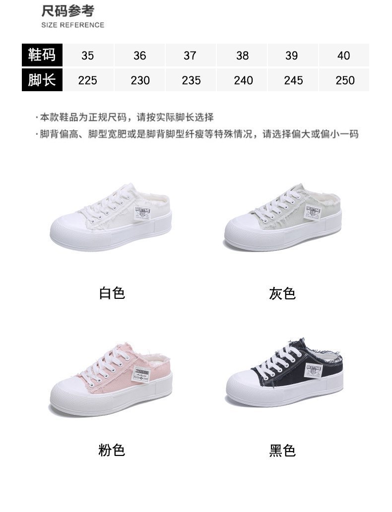 Toe Cap Semi Slipper Women's Shoes 2021 New Summer Ulzzang Platform Canvas Sneakers Ins Street Shooting Lace-up White Shoes
