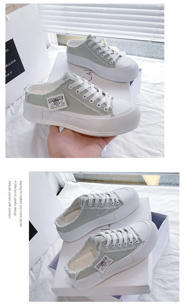 Toe Cap Semi Slipper Women's Shoes 2021 New Summer Ulzzang Platform Canvas Sneakers Ins Street Shooting Lace-up White Shoes
