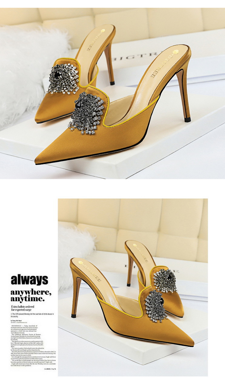 Sexy Elegant Banquet Women's Shoes Stiletto Heel Pointed Toe Satin Toe Cap Slipper Rhinestone Buckle Women's Slippers