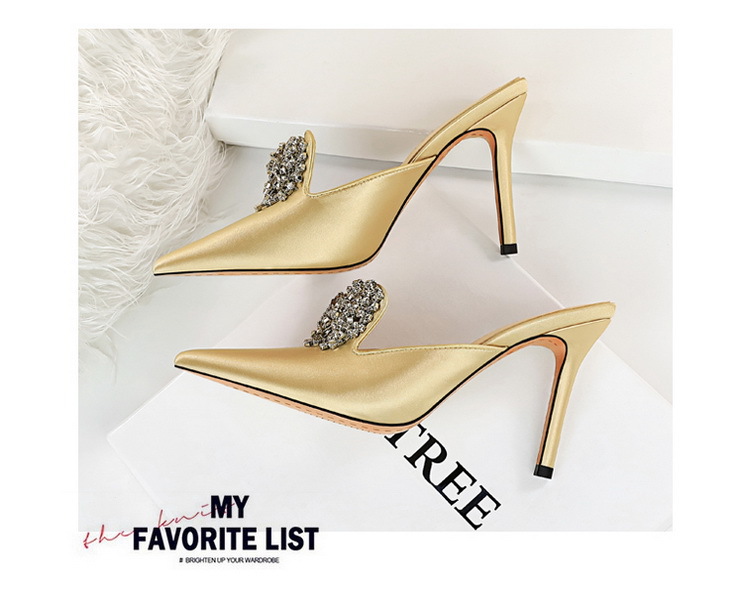 Sexy Elegant Banquet Women's Shoes Stiletto Heel Pointed Toe Satin Toe Cap Slipper Rhinestone Buckle Women's Slippers