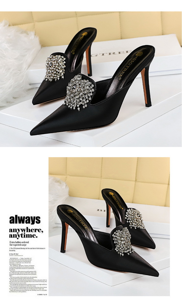 Sexy Elegant Banquet Women's Shoes Stiletto Heel Pointed Toe Satin Toe Cap Slipper Rhinestone Buckle Women's Slippers