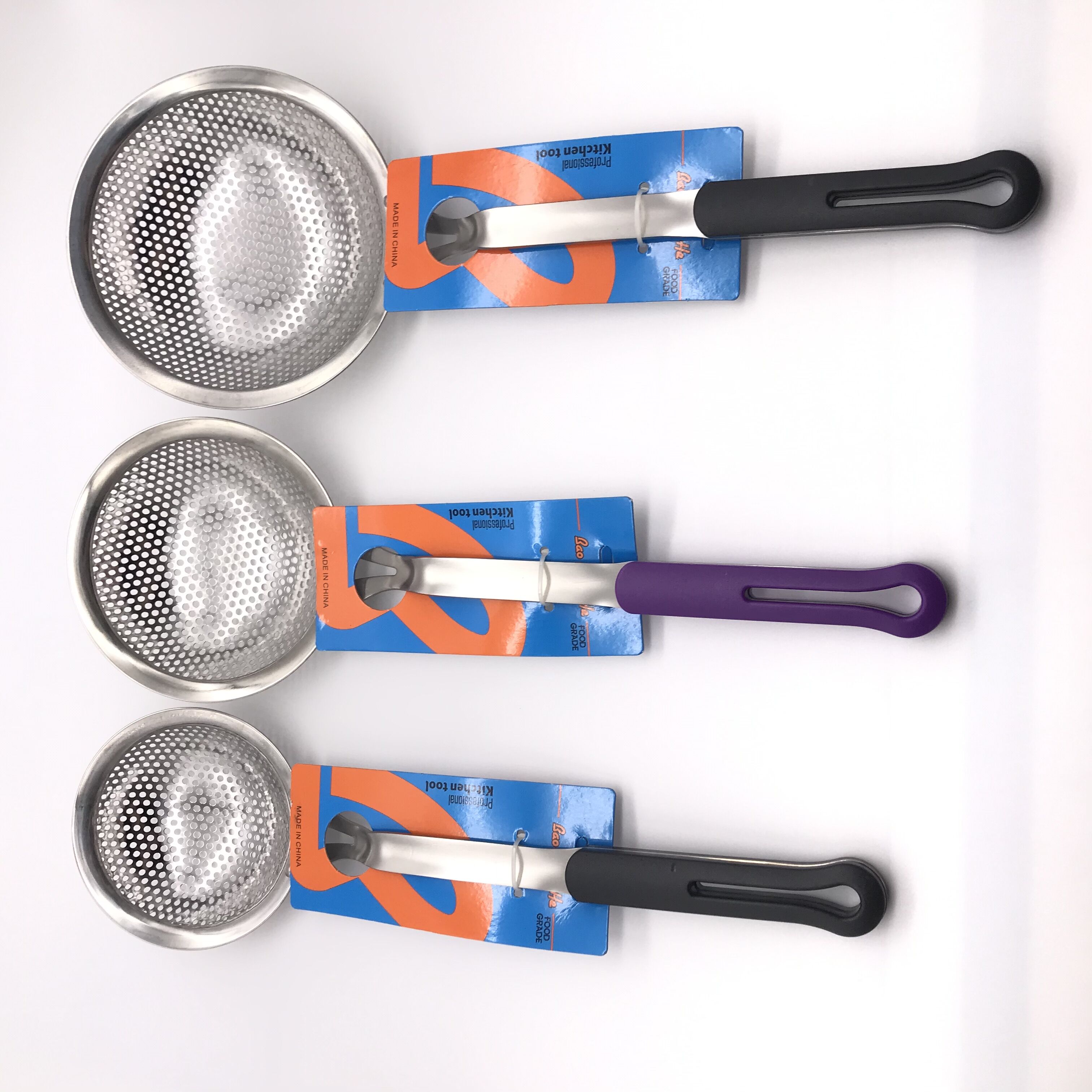 Stainless Steel Kitchen Supplies Hotel Supplies Anti-Scald Plastic Handle Color Handle 3cm Punching Depth Colander