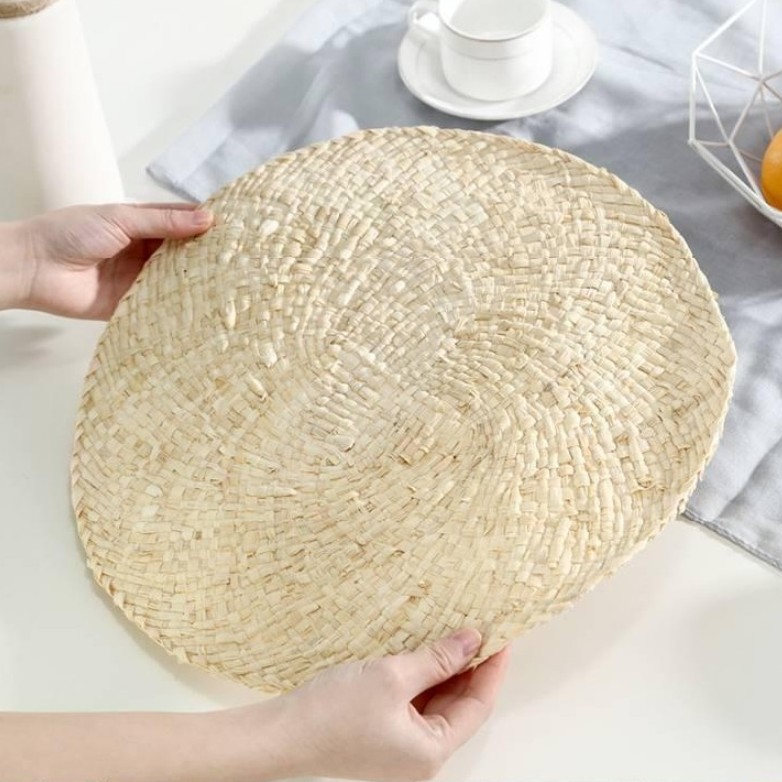 Japanese Natural Corn Leather Placemat Hand-Woven Thickening Heat Insulation Pad Hotel Restaurant round Western Food Saucers Coasters