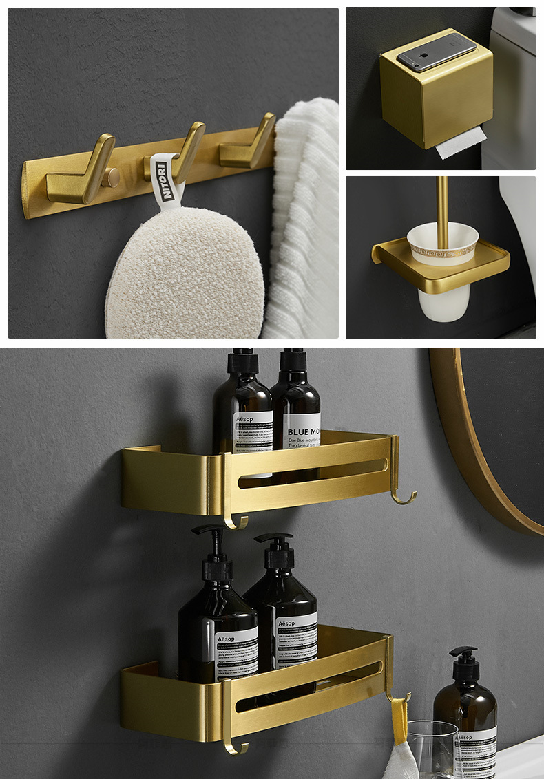 Bathroom Brushed Gold Aluminum Shelf European Style Hardware Hanger Set Bathroom Towel Rack Wall Storage Towel Bar