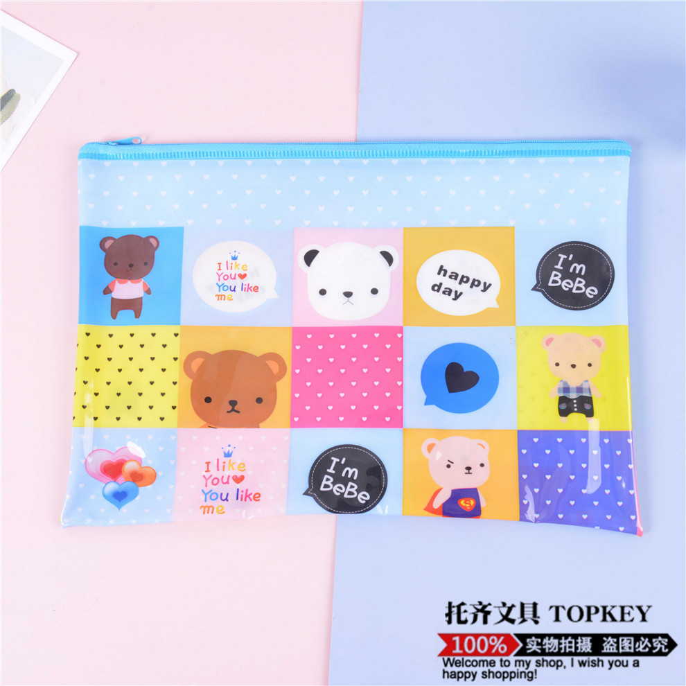 Spot PVC Net Pocket Cartoon File Bag Transparent Student A4 Zipper Bag Large Capacity Test Paper Storage Bag Waterproof