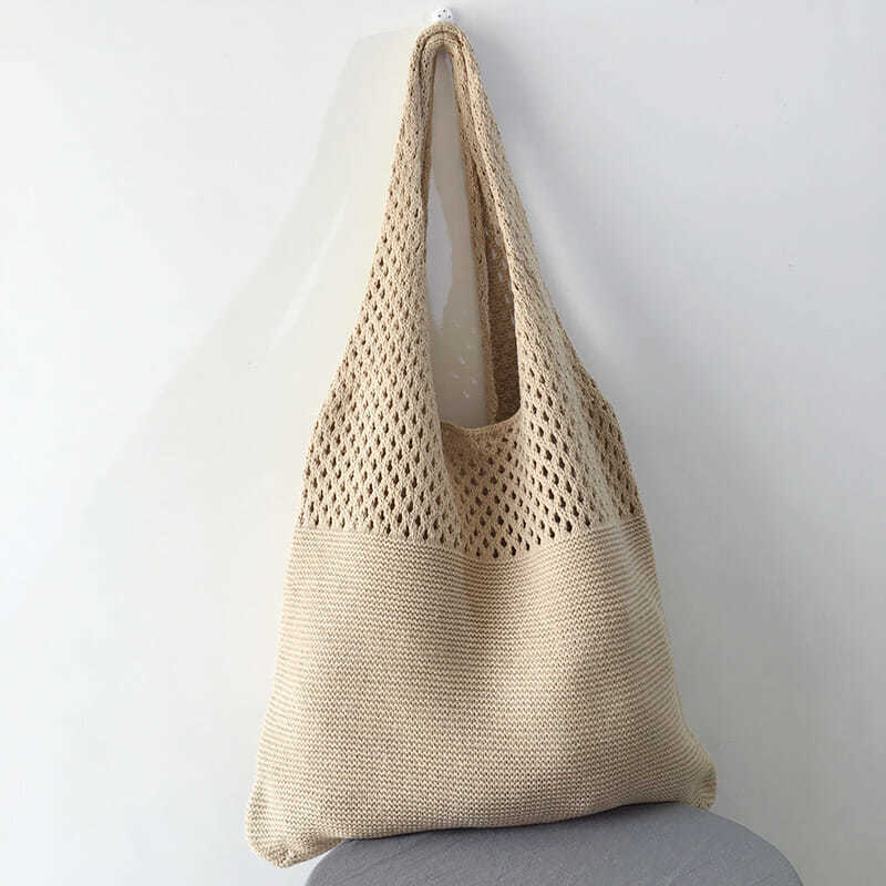 Korean Online Same Chic Simple Retro Hollow Knitted Shoulder Bag Women&#039;s Vest Bag Woolen Yarn Bag All-Match Big Bag