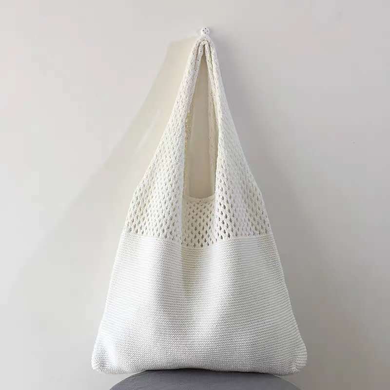 Korean Online Same Chic Simple Retro Hollow Knitted Shoulder Bag Women&#039;s Vest Bag Woolen Yarn Bag All-Match Big Bag