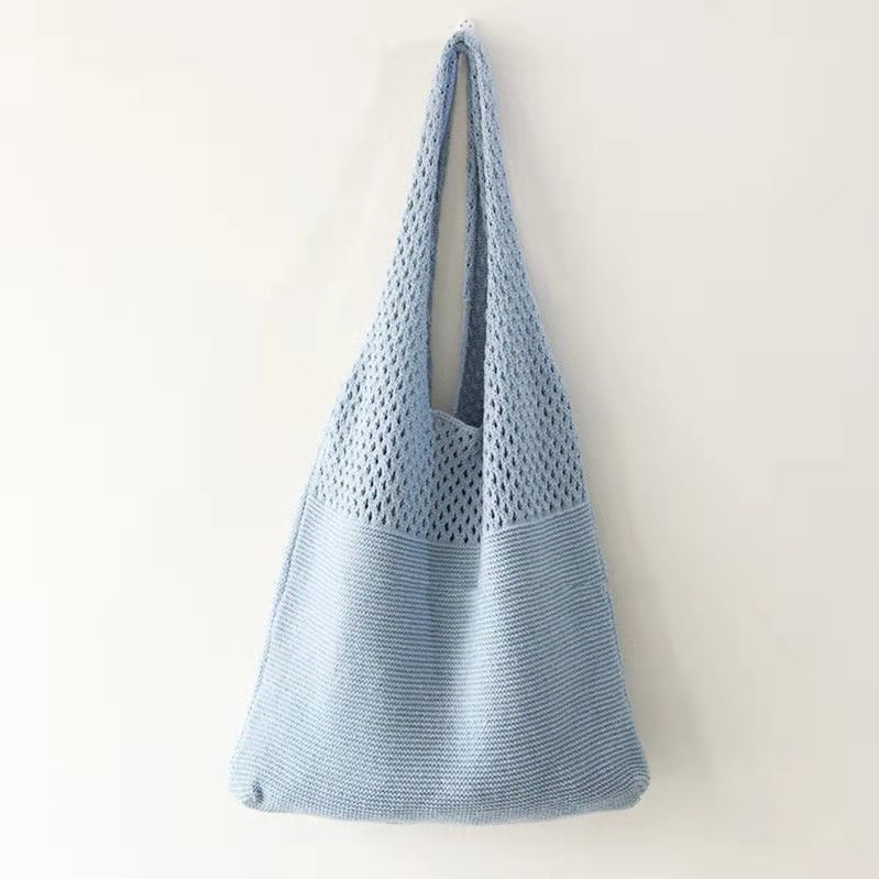 Korean Online Same Chic Simple Retro Hollow Knitted Shoulder Bag Women's Vest Bag Woolen Yarn Bag All-Match Big Bag