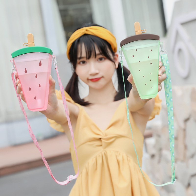 Watermelon Cup Plastic Cup with Straw Convenient Strap Juice Cup Ice Cream Ice Cream Student Outdoor Drinking Glass Gift