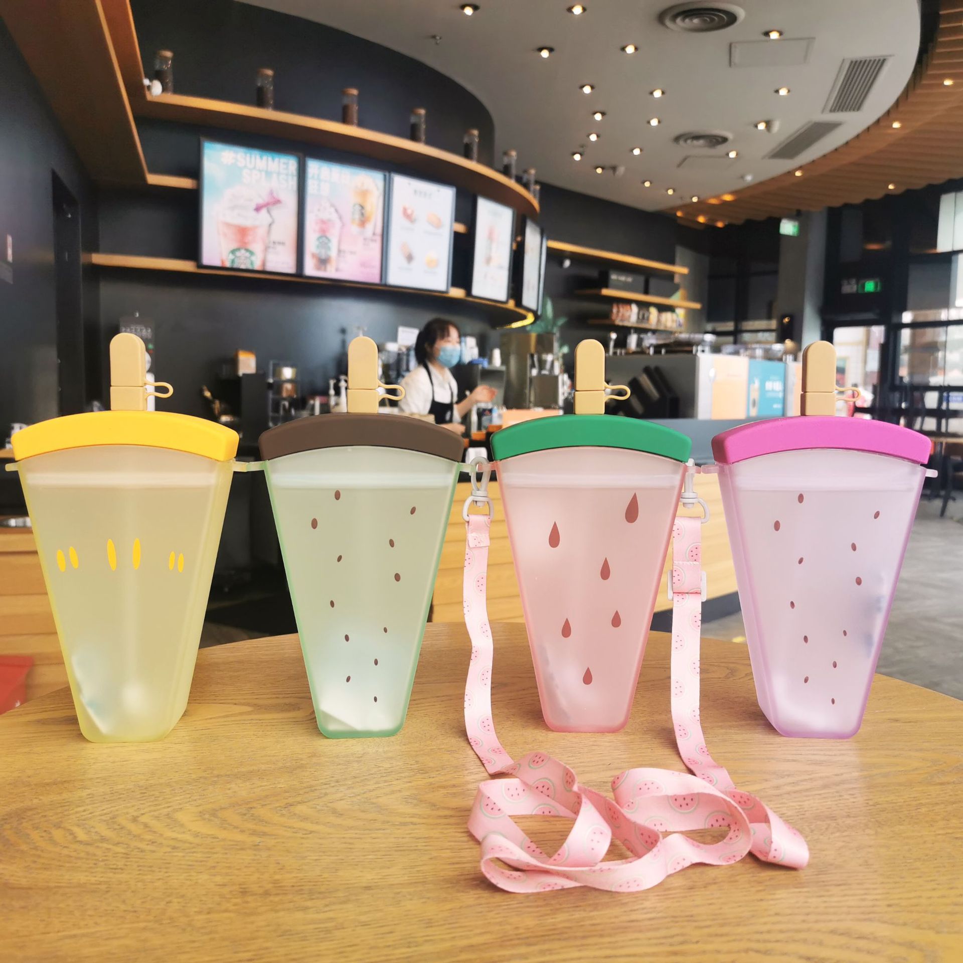 Watermelon Cup Plastic Cup with Straw Convenient Strap Juice Cup Ice Cream Ice Cream Student Outdoor Drinking Glass Gift