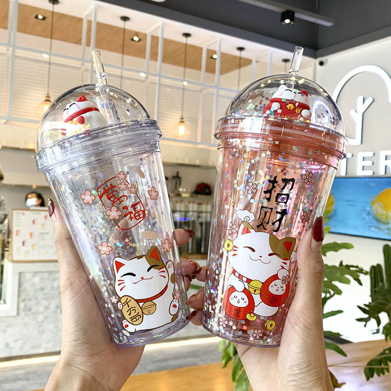 A Cartoon straw fashion summer cold drink water cup creative Korean version of cute cat drinking cup student water cup
