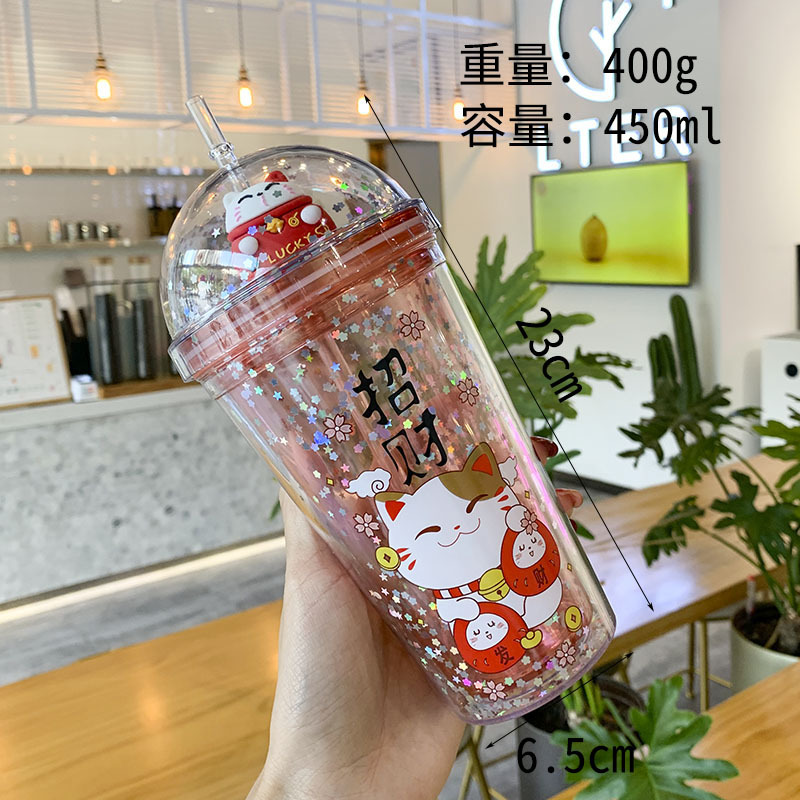 A Cartoon straw fashion summer cold drink water cup creative Korean version of cute cat drinking cup student water cup