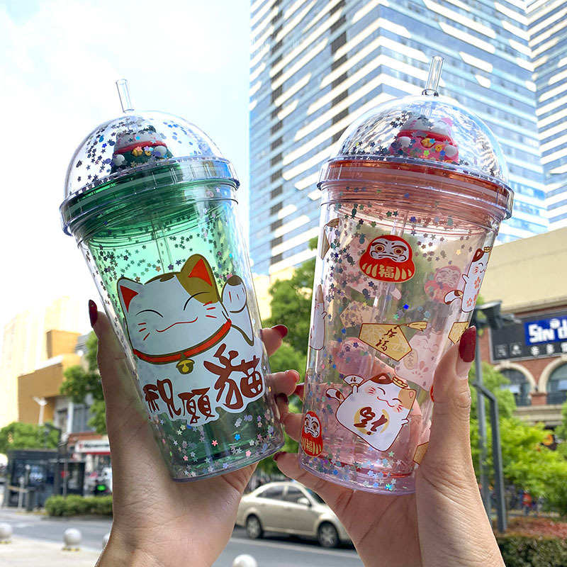 A Cartoon straw fashion summer cold drink water cup creative Korean version of cute cat drinking cup student water cup
