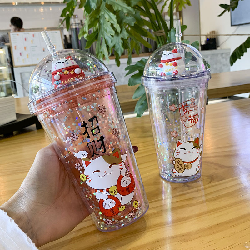 A Cartoon straw fashion summer cold drink water cup creative Korean version of cute cat drinking cup student water cup
