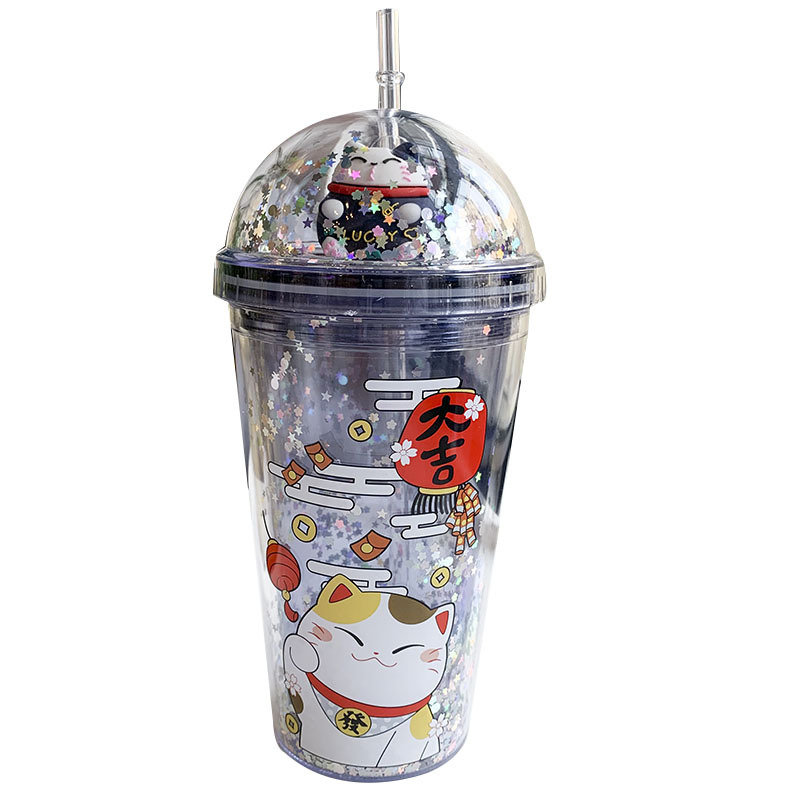 A Cartoon straw fashion summer cold drink water cup creative Korean version of cute cat drinking cup student water cup