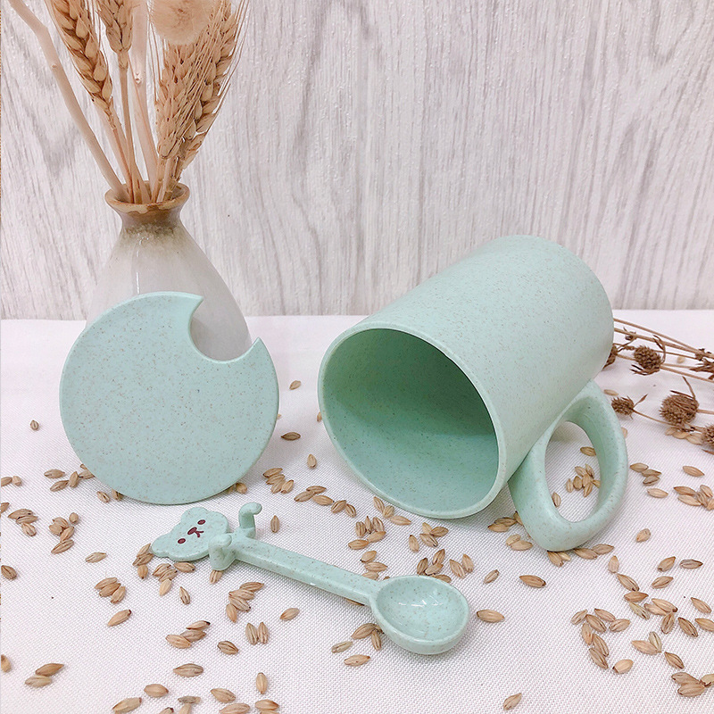 Korean Style Simple Cartoon with Spoon and Lid Wheat Straw Cup Couple Drinking Coffee Milk Brewing Mug Water Glass