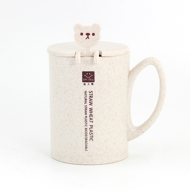 Korean Style Simple Cartoon with Spoon and Lid Wheat Straw Cup Couple Drinking Coffee Milk Brewing Mug Water Glass