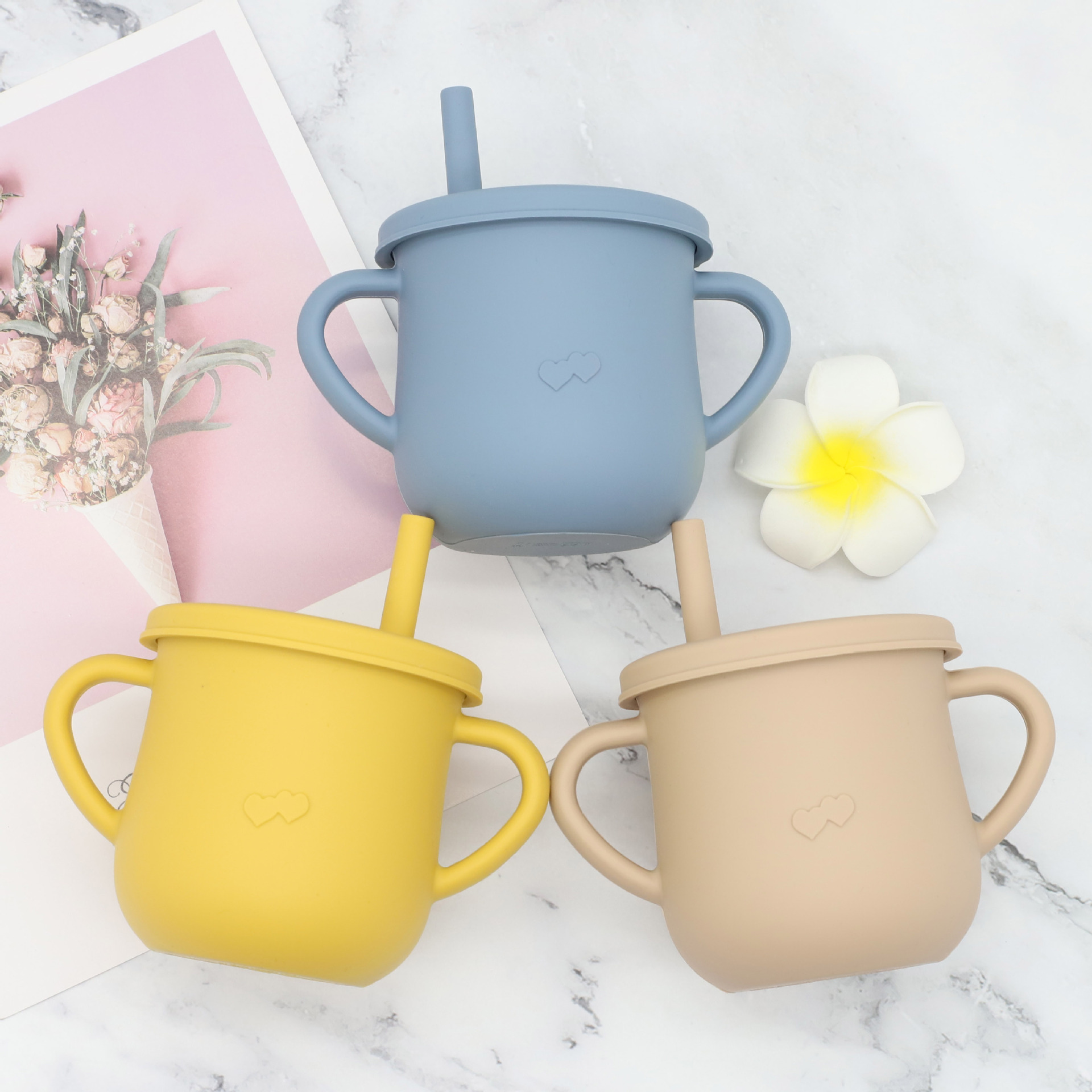 Children&#039;s Silicone Cup with Straw Drinking Cup TwoinOne Training Cup DropResistant AntiSpill Binaural NoSpill Cup