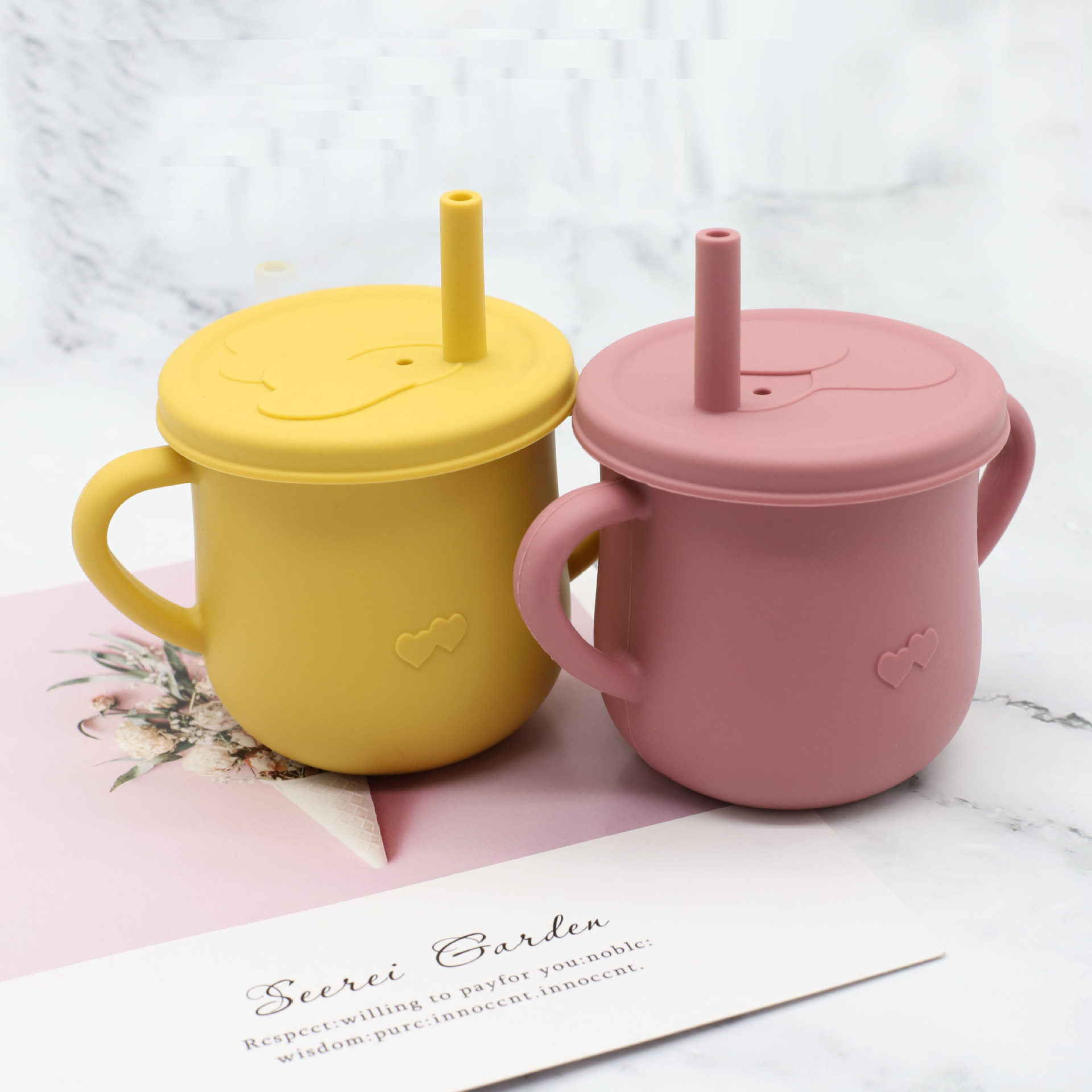 Children&#039;s Silicone Cup with Straw Drinking Cup TwoinOne Training Cup DropResistant AntiSpill Binaural NoSpill Cup